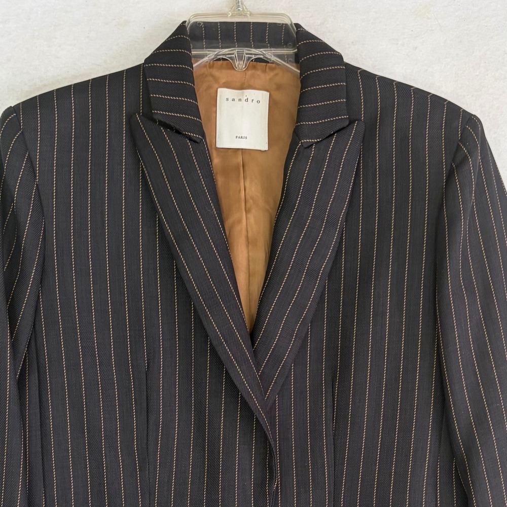 Sandro Paris Pinstripe Blazer Women 38/6 Navy Gold Single Button V7238H - Picture 3 of 13
